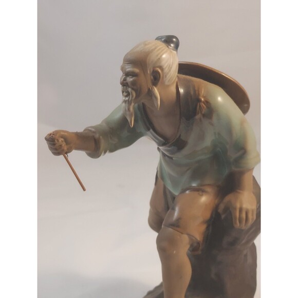 Vintage Chinese Shiwan Artistic Ceramic Mudman Fisherman Glazed Figurine 8" tall - Picture 7 of 10